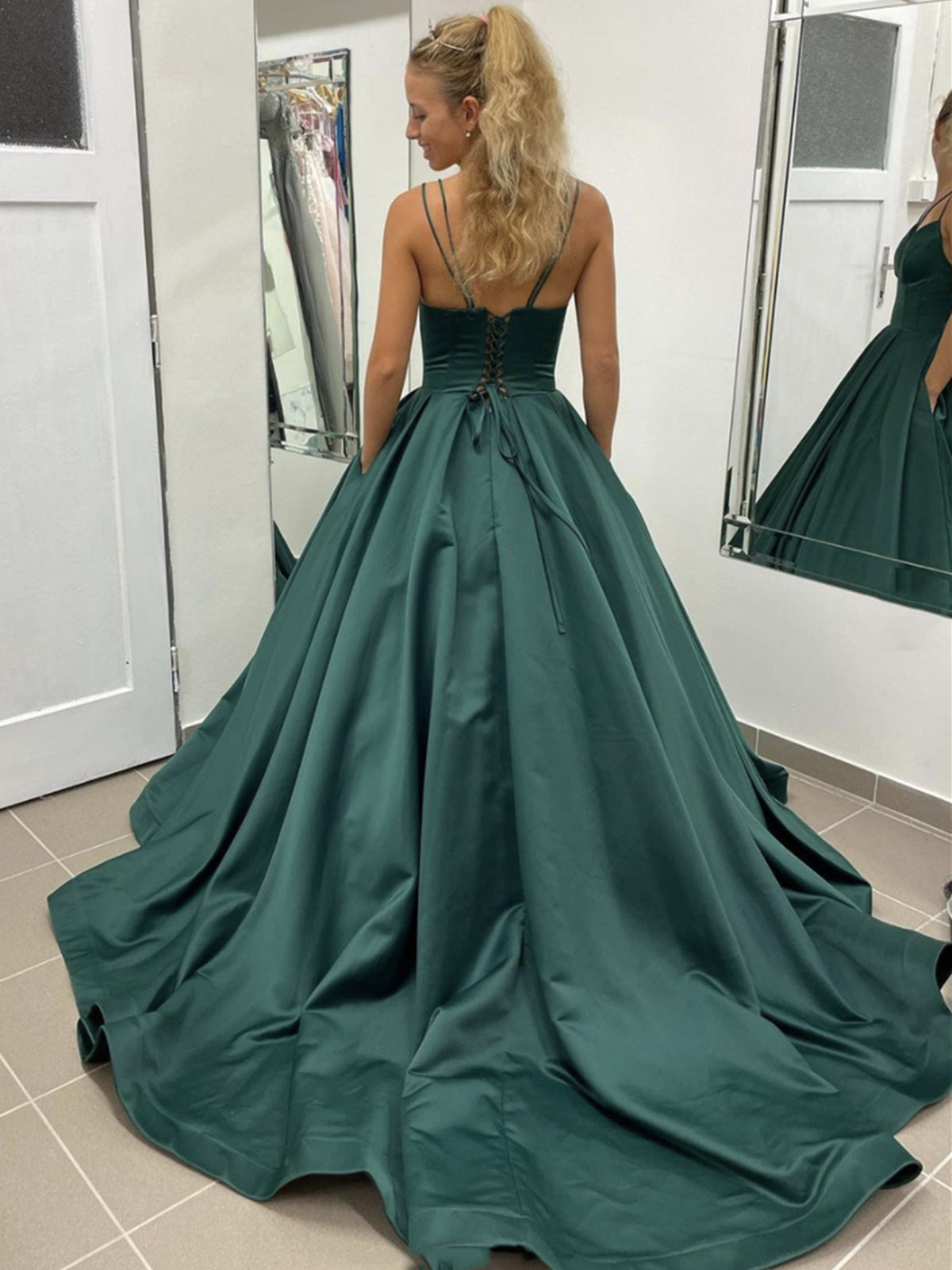slim fit dress slacks Elegant Long A Line V Neck Satin Open Back Formal Graduation Prom Dresses with Pockets