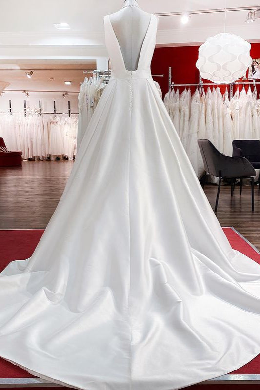 Elegant Long A-line V Neck Satin Ruffles Open Back Wedding Dresses –  BIZTUNNEL