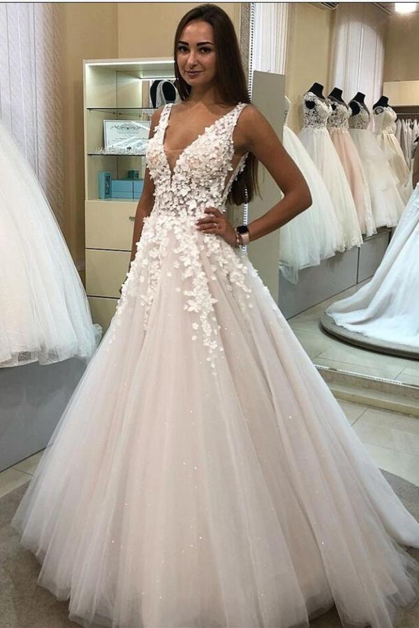 navy blue dress for baby girl Beaded Floral Lace Plunging A-Line Wedding Dress Light Ivory