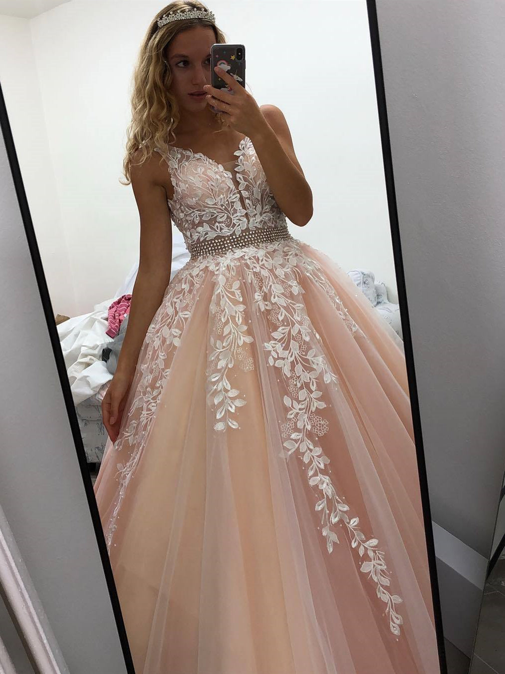 Elegant Long A-line V-neck Tulle Lace Backless Formal Prom Dresses Elegant Long A-line V-neck Tulle Lace Backless Formal Prom Dresses