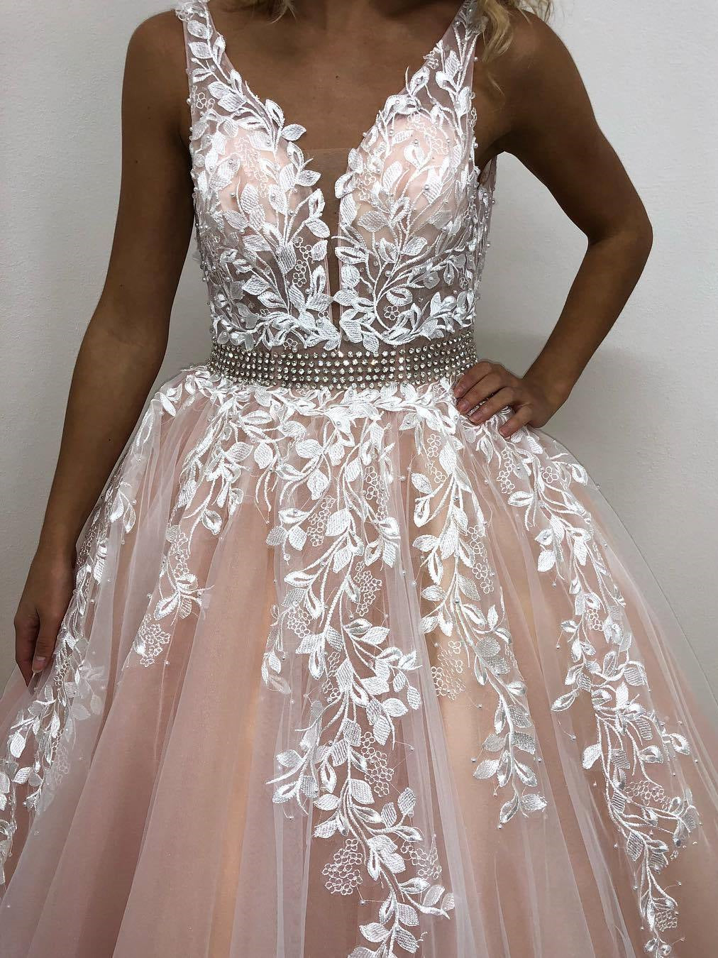 Elegant Long A-line V-neck Tulle Lace Backless Formal Prom Dresses Elegant Long A-line V-neck Tulle Lace Backless Formal Prom Dresses