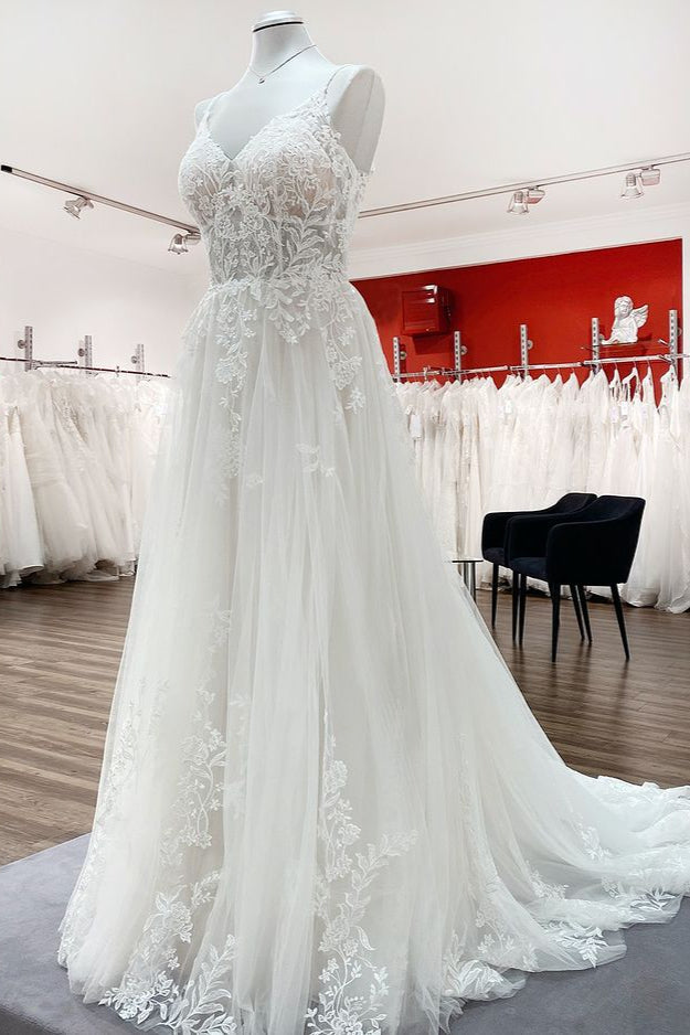 Elegant A-Line V-Neck Lace Wedding Dress with Spaghetti Straps