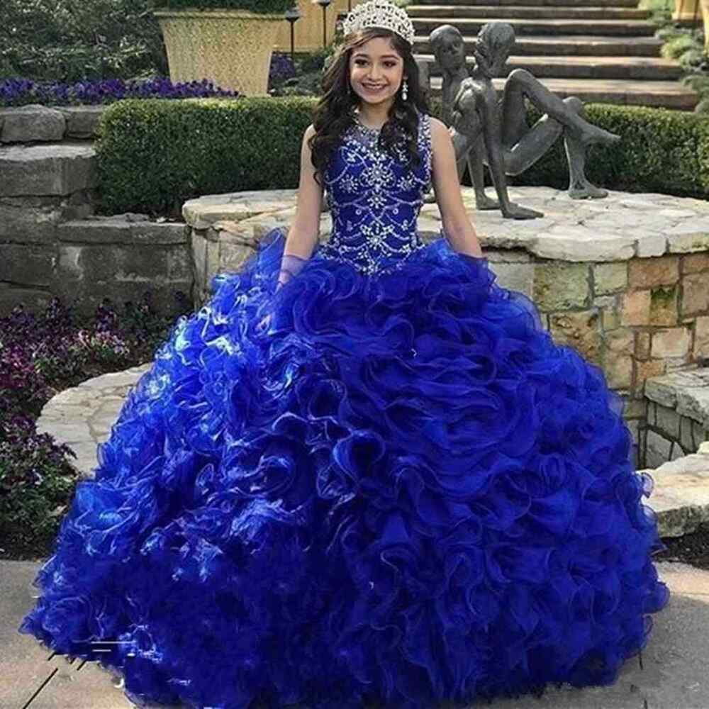Elegant Long Ball Gown Jewel Beading Tulle Royal Blue Quinceanera Dres