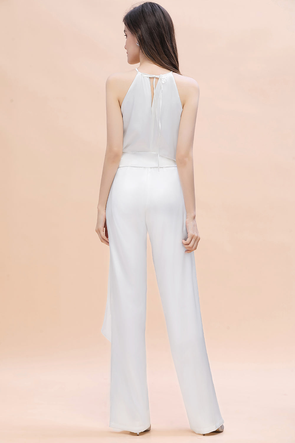 Elegant Long Halter White Bridesmaid Dress Jumpsuit With Bowknot
