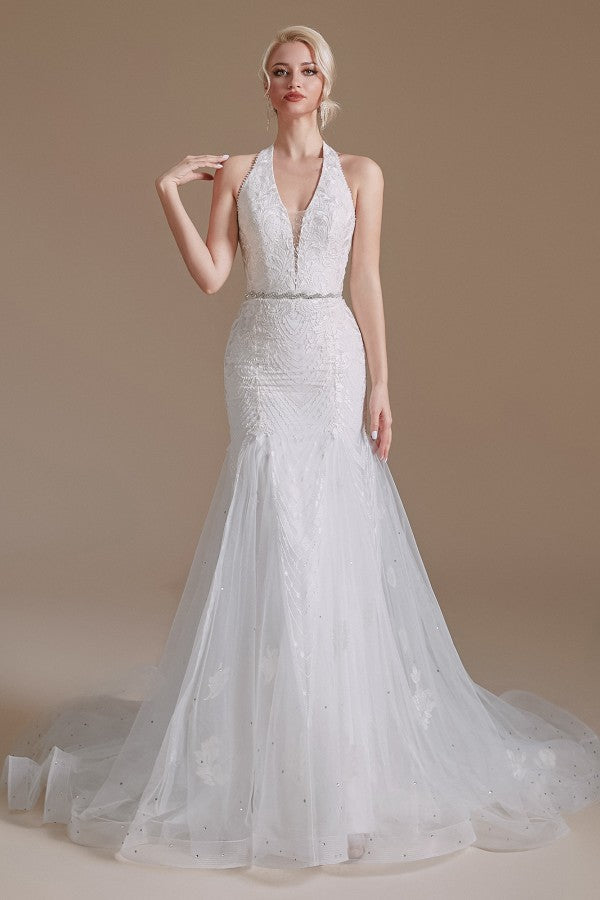 Elegant Long Mermaid Halter Tulle Floor-Length Wedding Dress with Appliques Lace Elegant Long Mermaid Halter Tulle Floor-Length Wedding Dress with Appliques Lace