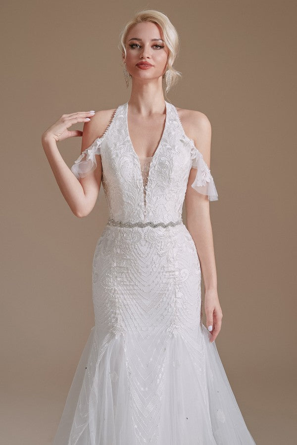 Elegant Long Mermaid Halter Tulle Floor-Length Wedding Dress with Appliques Lace-BIZTUNNEL