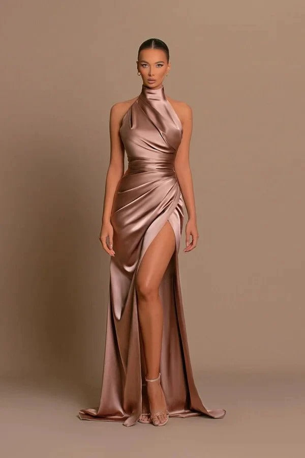Elegant Long Mermaid High Neck Satin Formal Prom Dress with Slit Elegant Long Mermaid High Neck Satin Formal Prom Dress with Slit