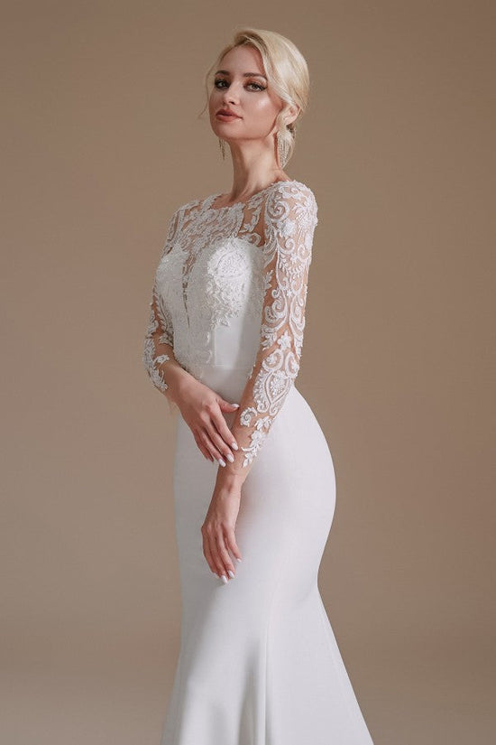 Elegant Long Mermaid Jewel Satin Lace Wedding Dress with Sleeves-BIZTUNNEL