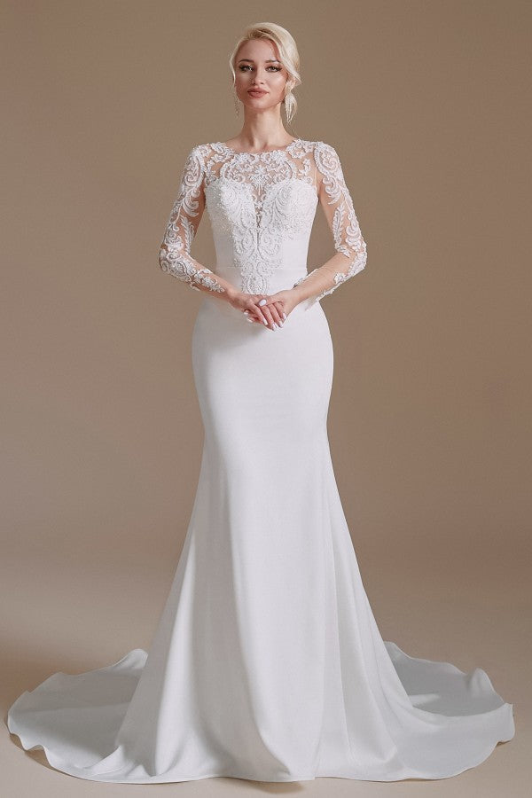 Elegant Long Mermaid Jewel Satin Lace Wedding Dress with Sleeves-BIZTUNNEL