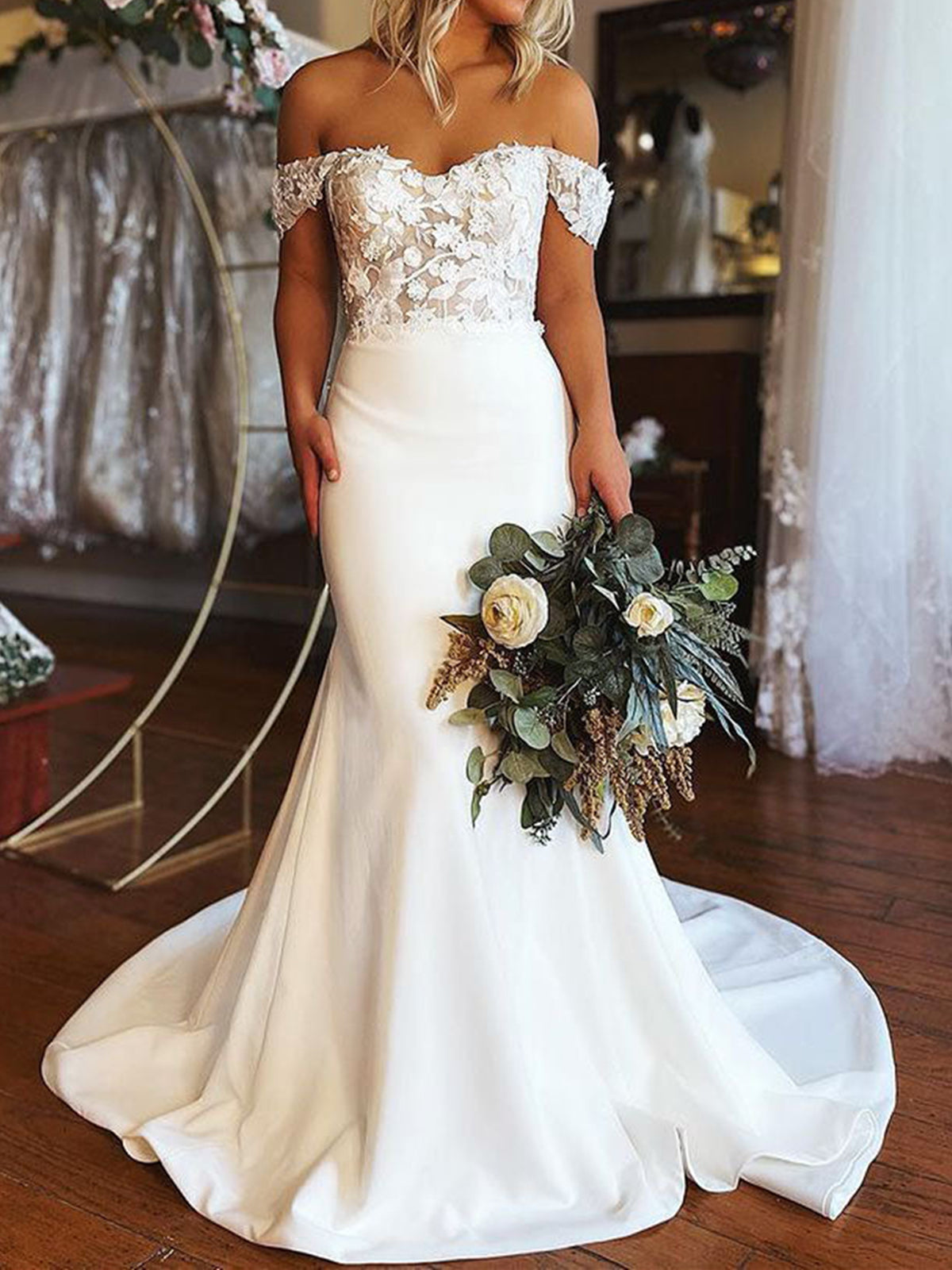 Chic Mermaid Off The Shoulder Satin Tulle Long Wedding Dresses main image 0