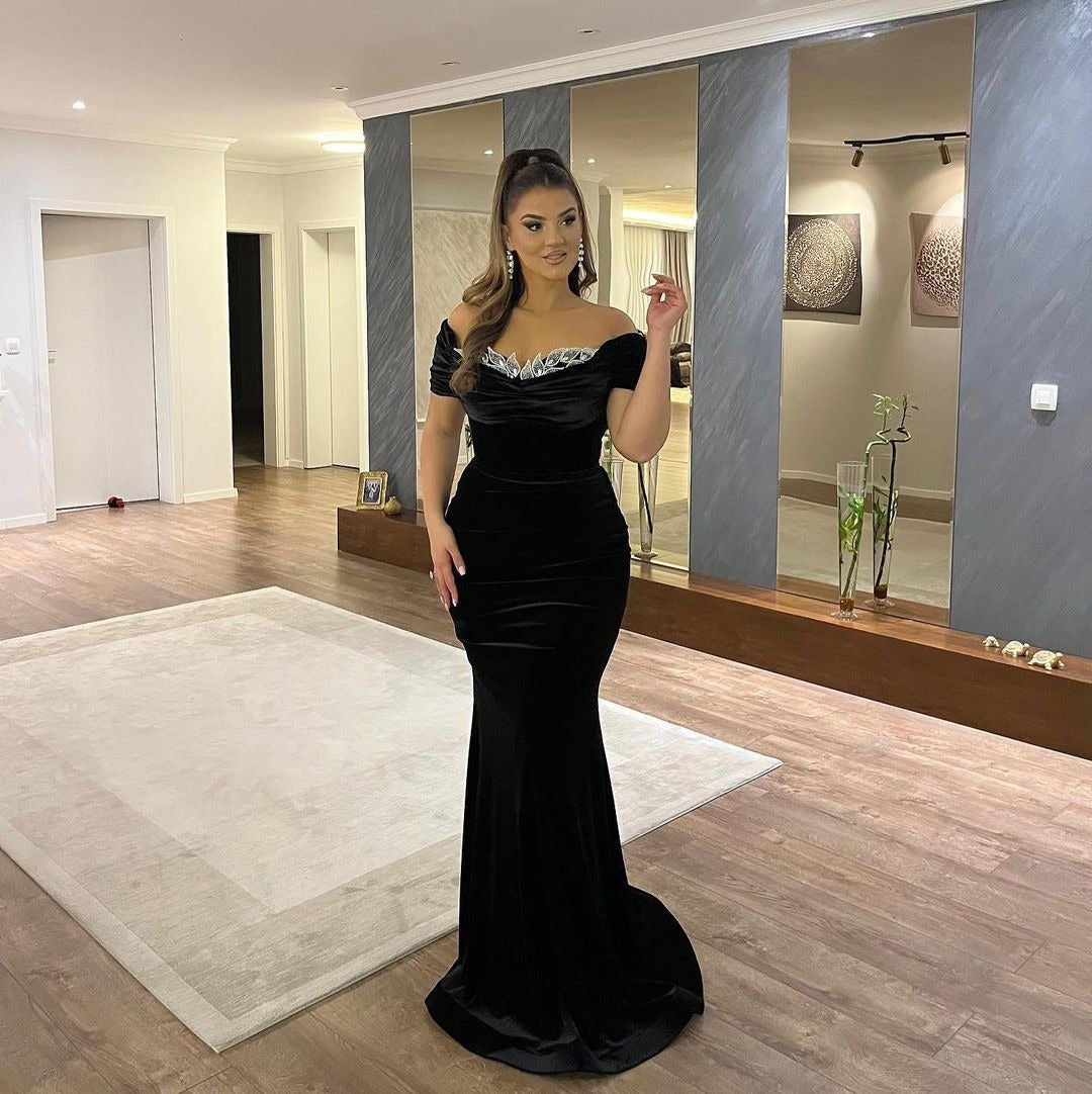 Elegant Long Mermaid Off The Shoulder Velvet Formal Prom Dresses with Sleeves
