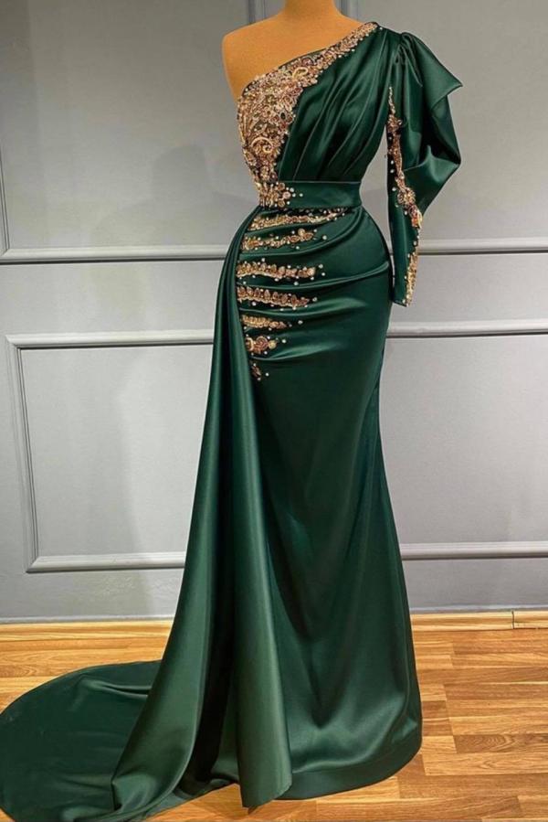 Elegant Long Mermaid One Shoulder Dark Green Prom Dress – BIZTUNNEL