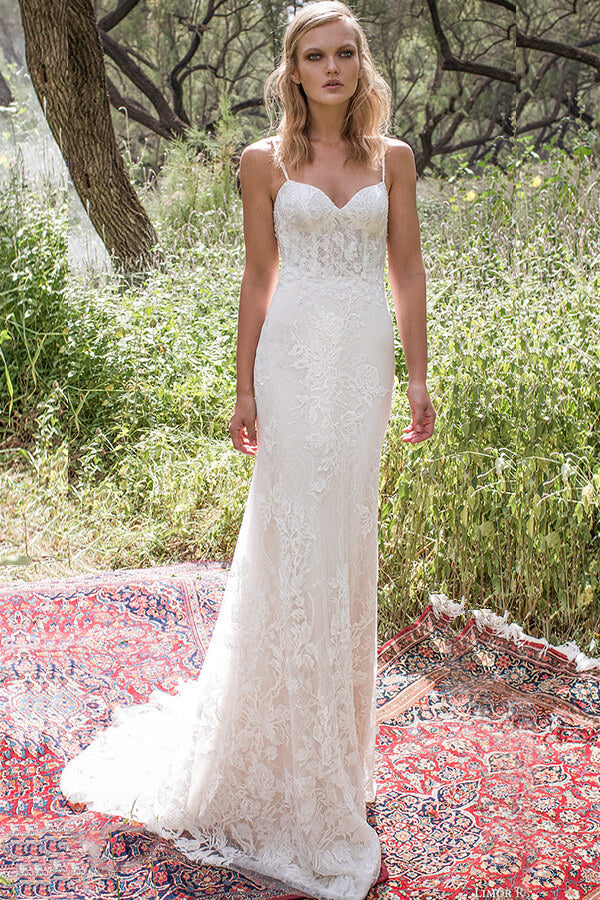mermaid spaghetti strap lace wedding dress Lace Spaghetti Straps Mermaid Wedding Dress With Train C0020, White