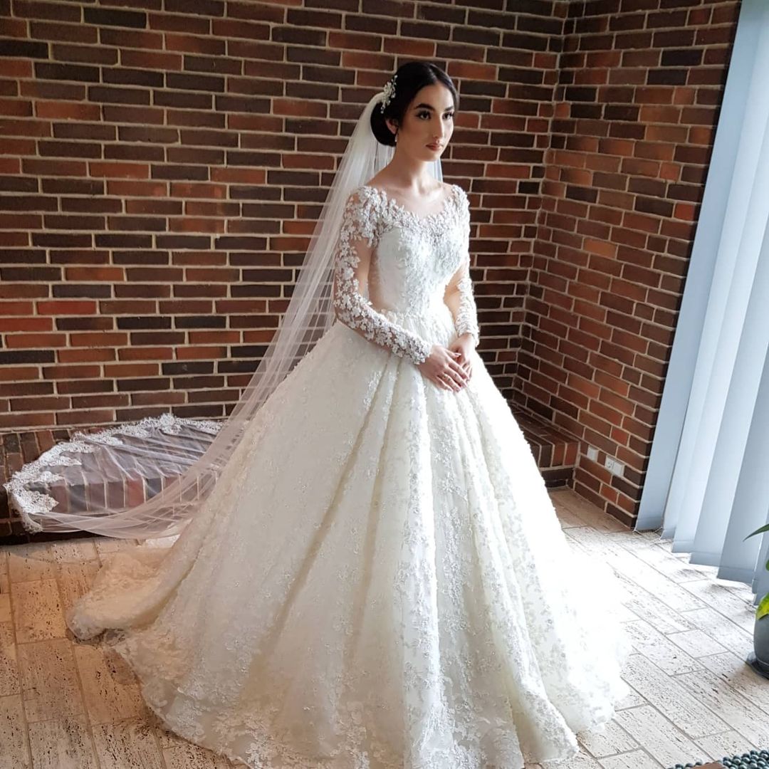 Elegant Long Princess Tulle Lace Wedding Dresses with Sleeves Elegant Long Princess Tulle Lace Wedding Dresses with Sleeves