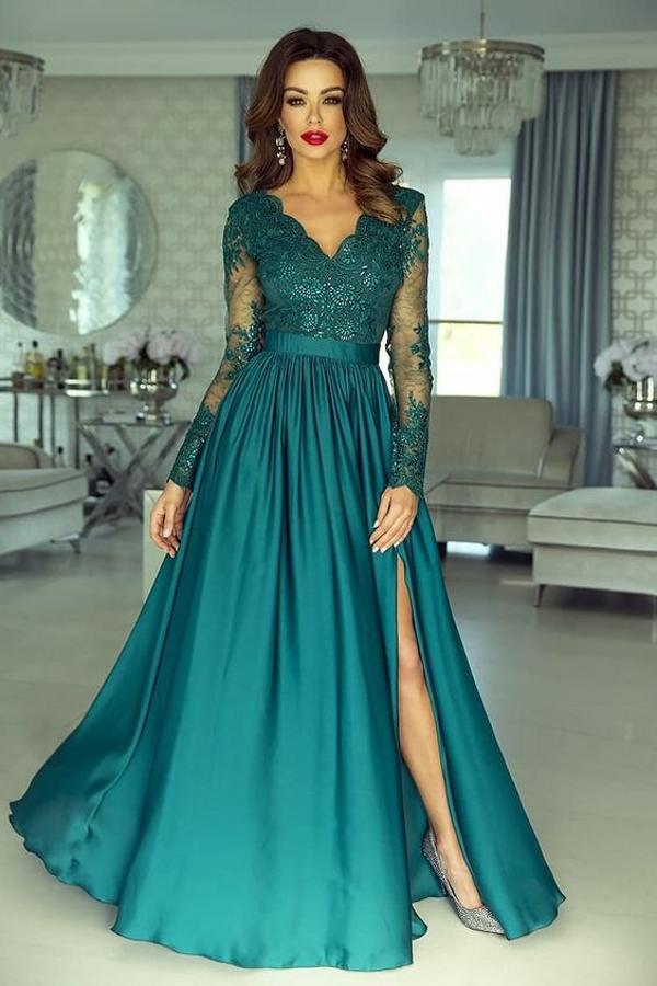 Elegant Long Sleeve A-Line V-Neck Lace Long Prom Dress with Slit Elegant Long Sleeve A-Line V-Neck Lace Long Prom Dress with Slit