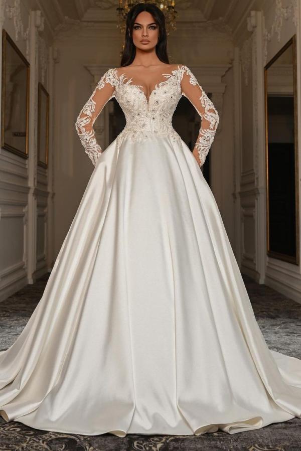 Elegant Long Sleeves A-line Sweetheart Satin Lace Wedding Dresses with BIZTUNNEL Elegant Long Sleeves A-line Sweetheart Satin Lace Wedding Dresses with BIZTUNNEL