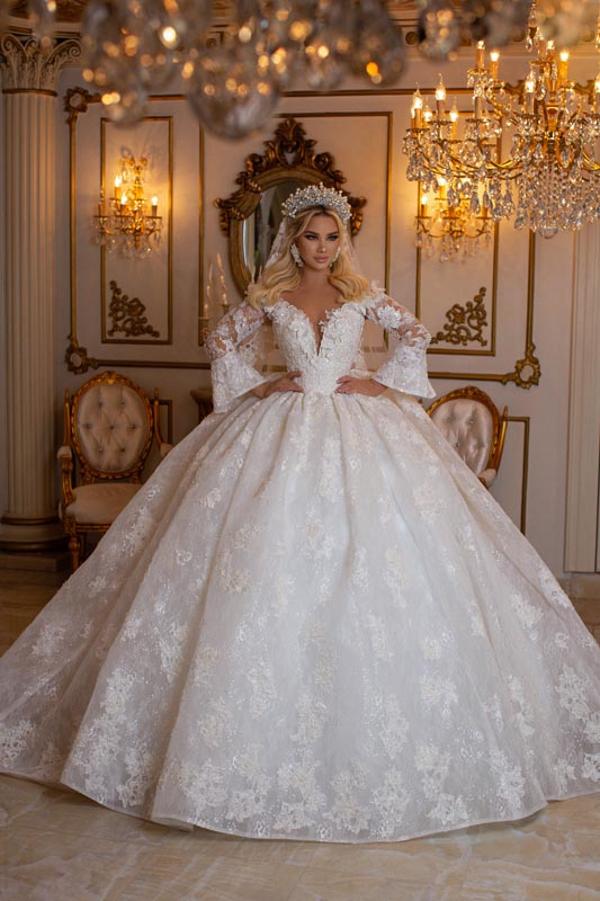 Elegant Long Sleeves Ball Gown V-Neck Sweetheart Wedding Dress with Appliques Lace Elegant Long Sleeves Ball Gown V-Neck Sweetheart Wedding Dress with Appliques Lace
