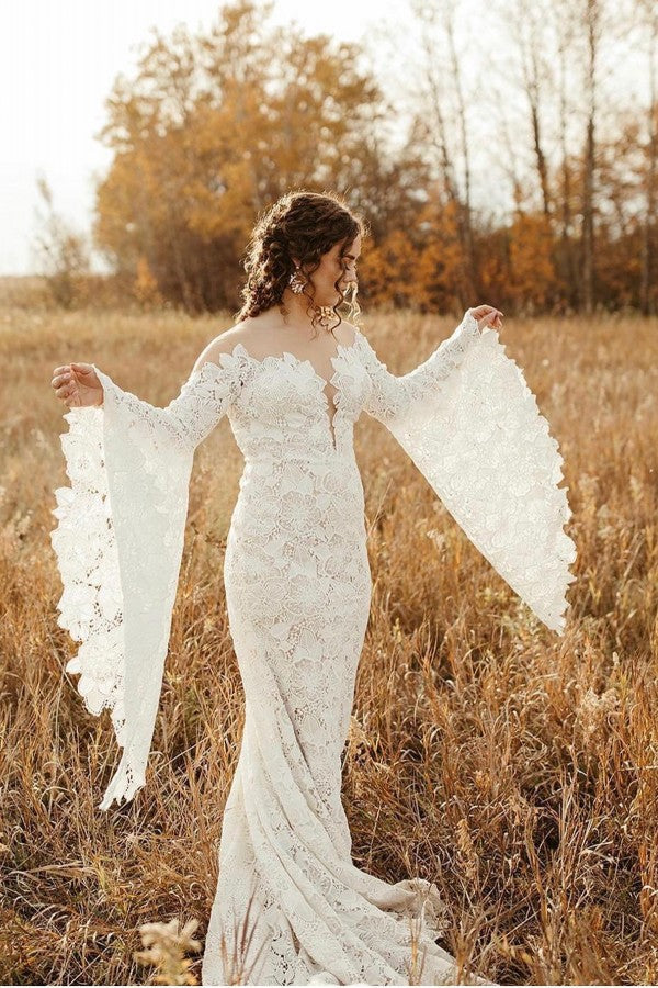 Elegant Long Sleeves Mermaid Lace Backless Wedding Dresses Elegant Long Sleeves Mermaid Lace Backless Wedding Dresses