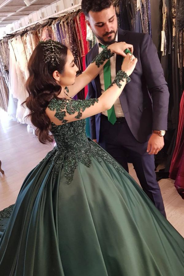Pretty Ball Gown Strapless Long Puffy Sleeves Lilac Satin Pearls Prom Dresses Long Evening Dress main image 1