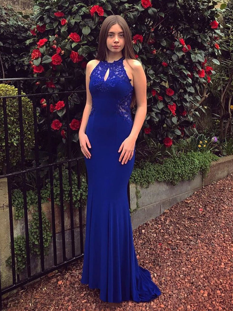 open lace back dress Elegant Mermaid Lace Backless Long Prom Dresses Royal Blue Formal Evening Gowns