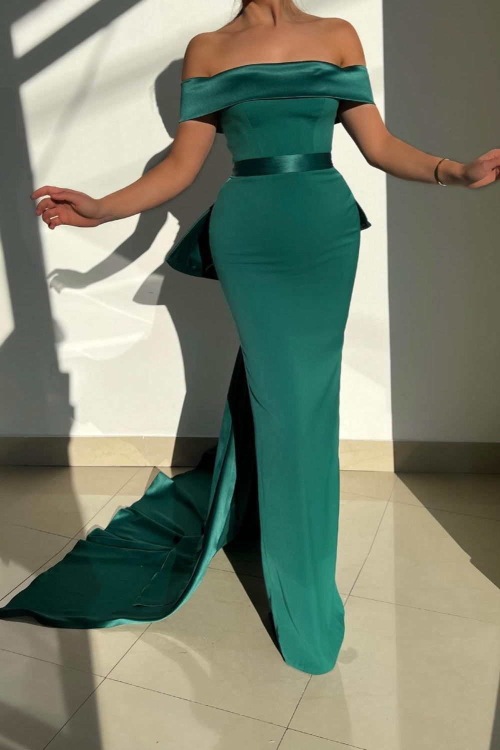 Mermaid Satin Off Shoulder Pleated Maxi Evening Dresses with Sweep Train main image 0