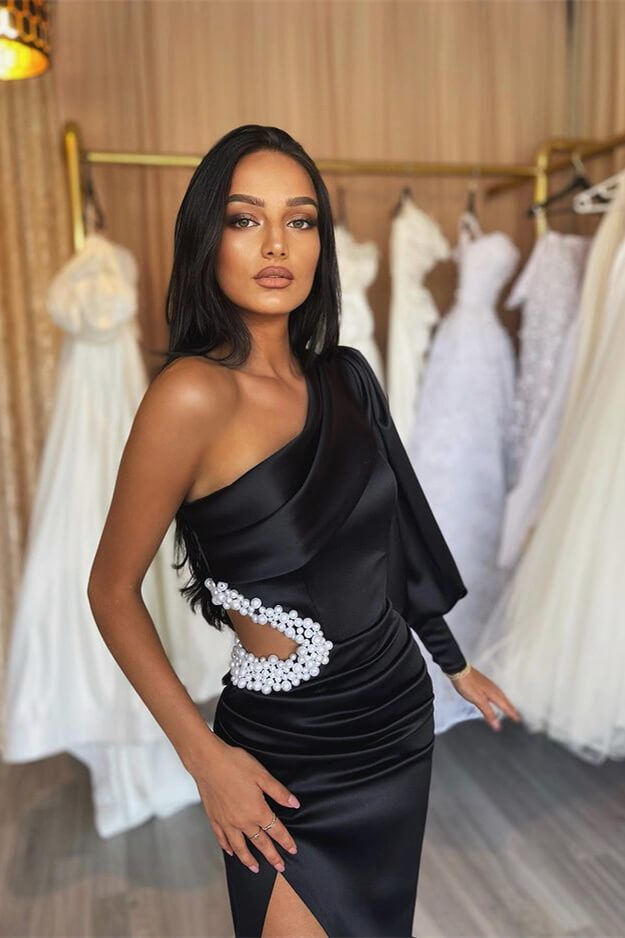 open lace back dress Elegant One Shoulder Long Sleeve Black Satin Evening Gown with Slit