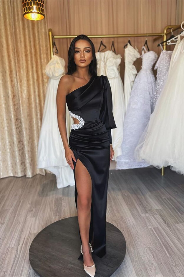Elegant One Shoulder Long Sleeve Black Satin Evening Gown with Slit