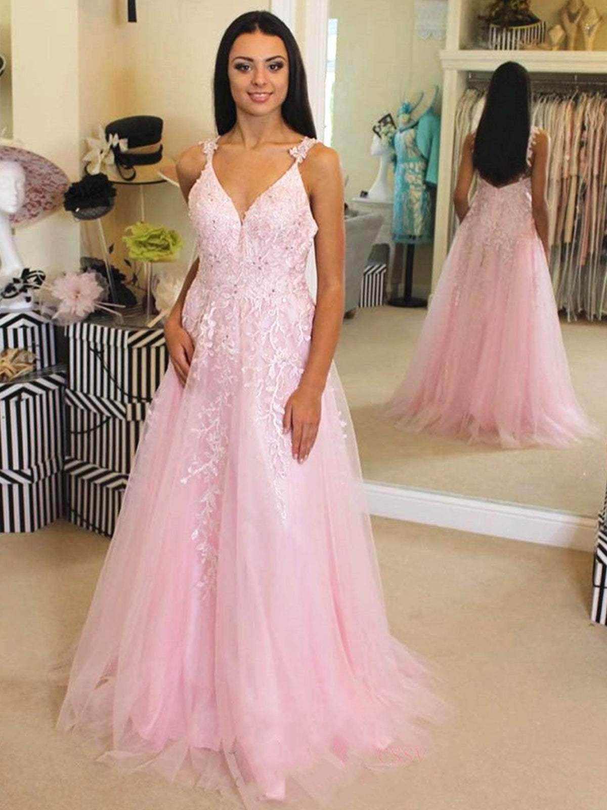 sachin and babi light blue dress Elegant Pink Long A Line V Neck Tulle Lace Open Back Formal Graduation Prom Dresses