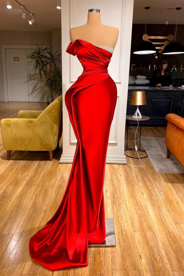 red long dresses Red Satin A-line V-neck Long Prom Dresses With Slit, Evening Gowns, MP813