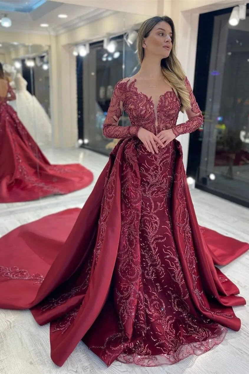 open lace back dress Elegant Long Sleeves Mermaid Tulle Sweetheart Evening Dress with Appliqued Lace