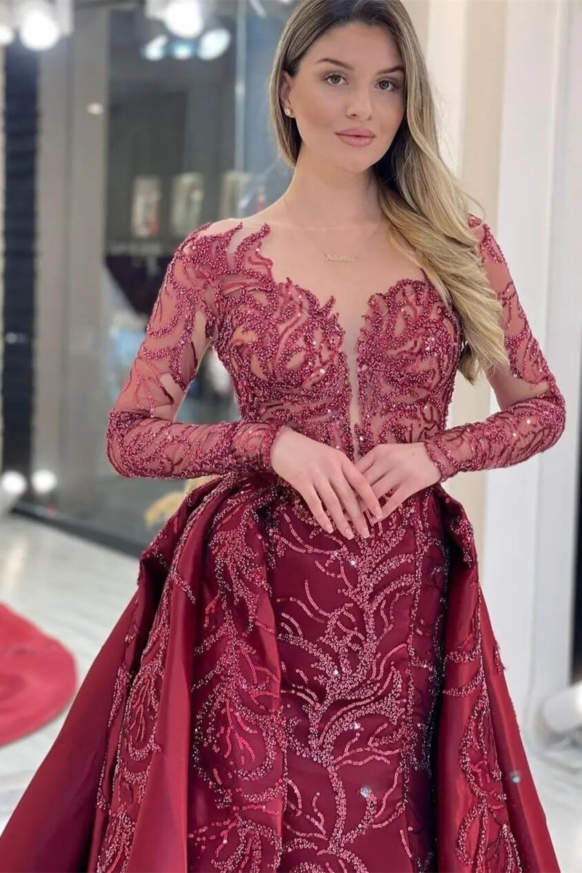 strapless open back dress Elegant Long Sleeves Mermaid Tulle Sweetheart Evening Dress with Appliqued Lace