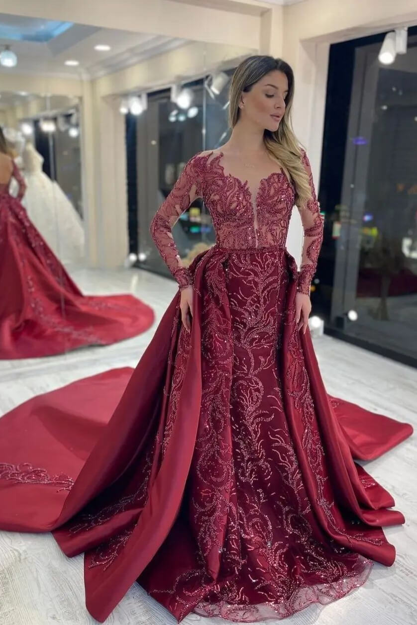 elegant mermaid evening dress Elegant Long Sleeves Mermaid Tulle Sweetheart Evening Dress with Appliqued Lace