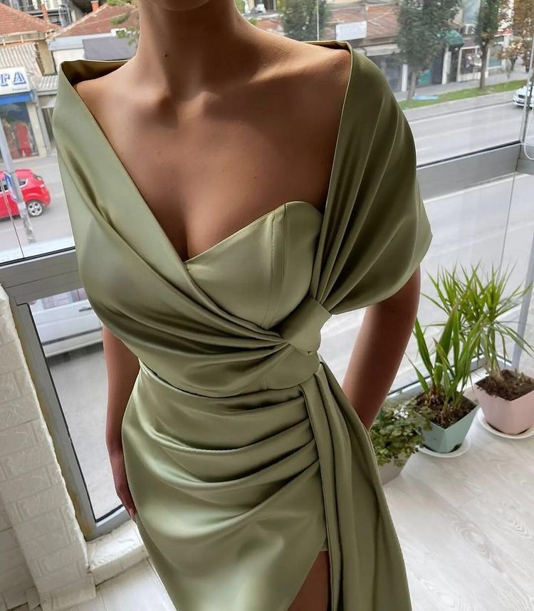 Elegant Sage Long Off The Shoulder Mermaid Satin Prom Dress with Slit