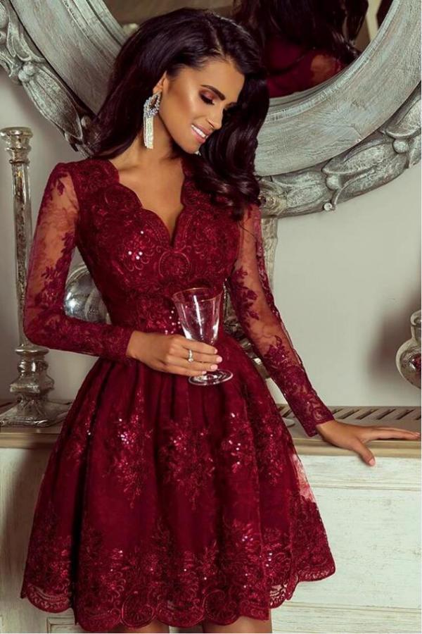 Elegant Short A-Line V-Neck Long Sleeves Prom Dresses Elegant Short A-Line V-Neck Long Sleeves Prom Dresses