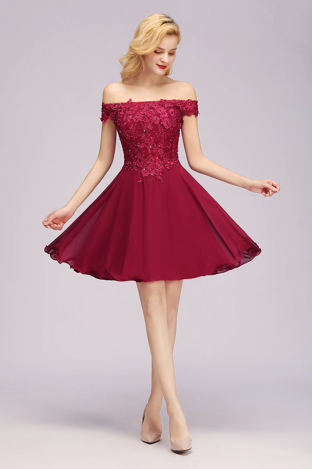 Elegant Short Lace Off-the-Shoulder Chiffon Bridesmaid Dress Elegant Short Lace Off-the-Shoulder Chiffon Bridesmaid Dress