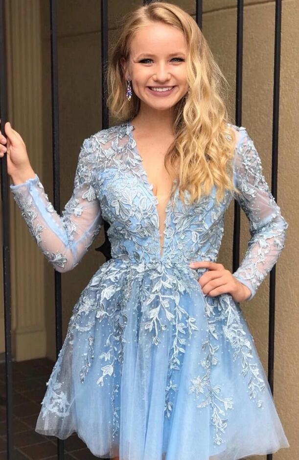 Elegant V-neck Lace Tulle A-line Short Prom Dress with Sleeves – BIZTUNNEL