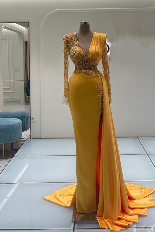Elegant V-Neck Long Sleeves Mermaid Satin Prom Dresses with Train BIZTUNNEL Elegant V-Neck Long Sleeves Mermaid Satin Prom Dresses with Train BIZTUNNEL