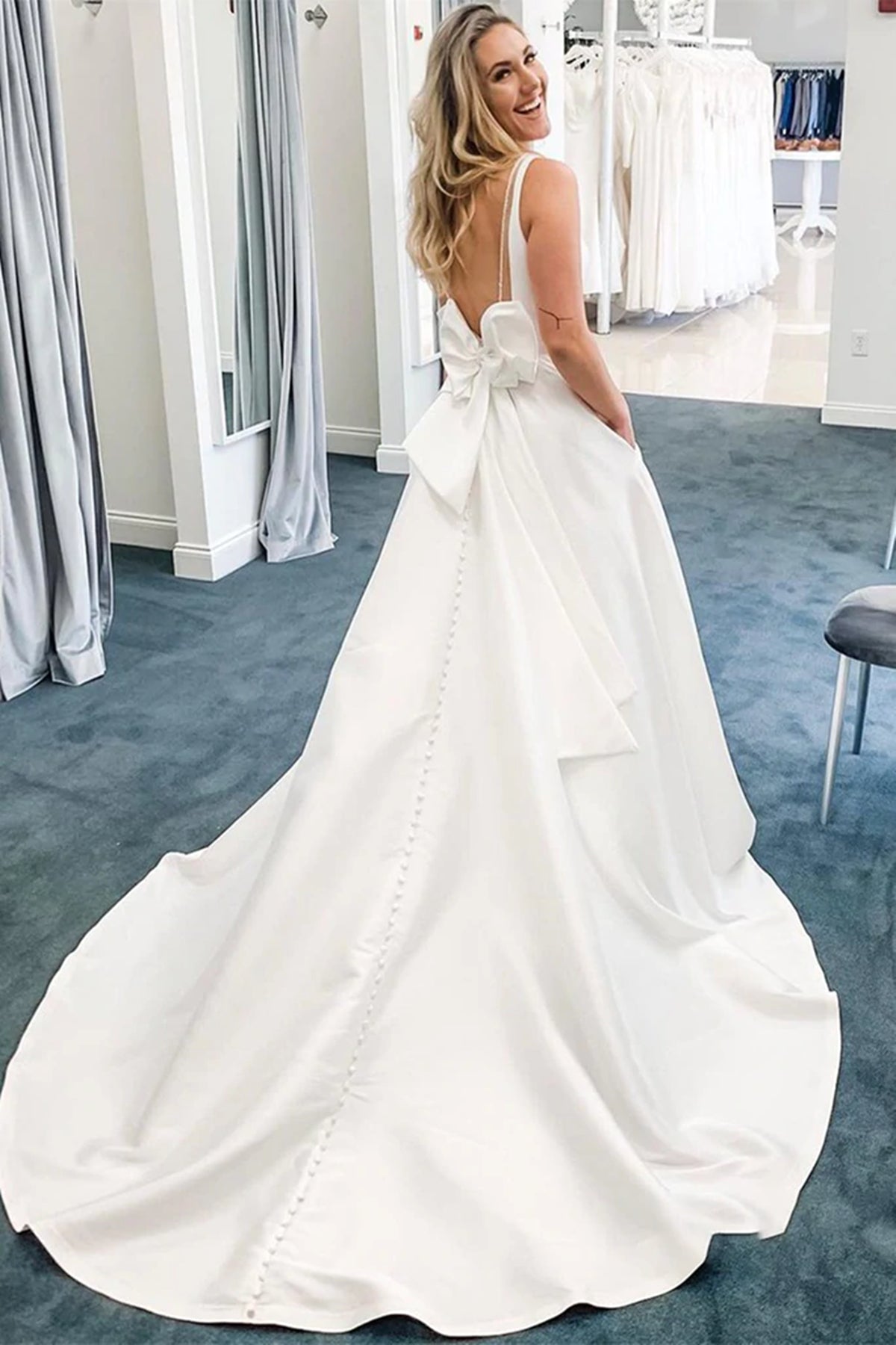 Elegant White A-Line V Neck Open Back Satin Long Wedding Dresses with Pockets Elegant White A-Line V Neck Open Back Satin Long Wedding Dresses with Pockets