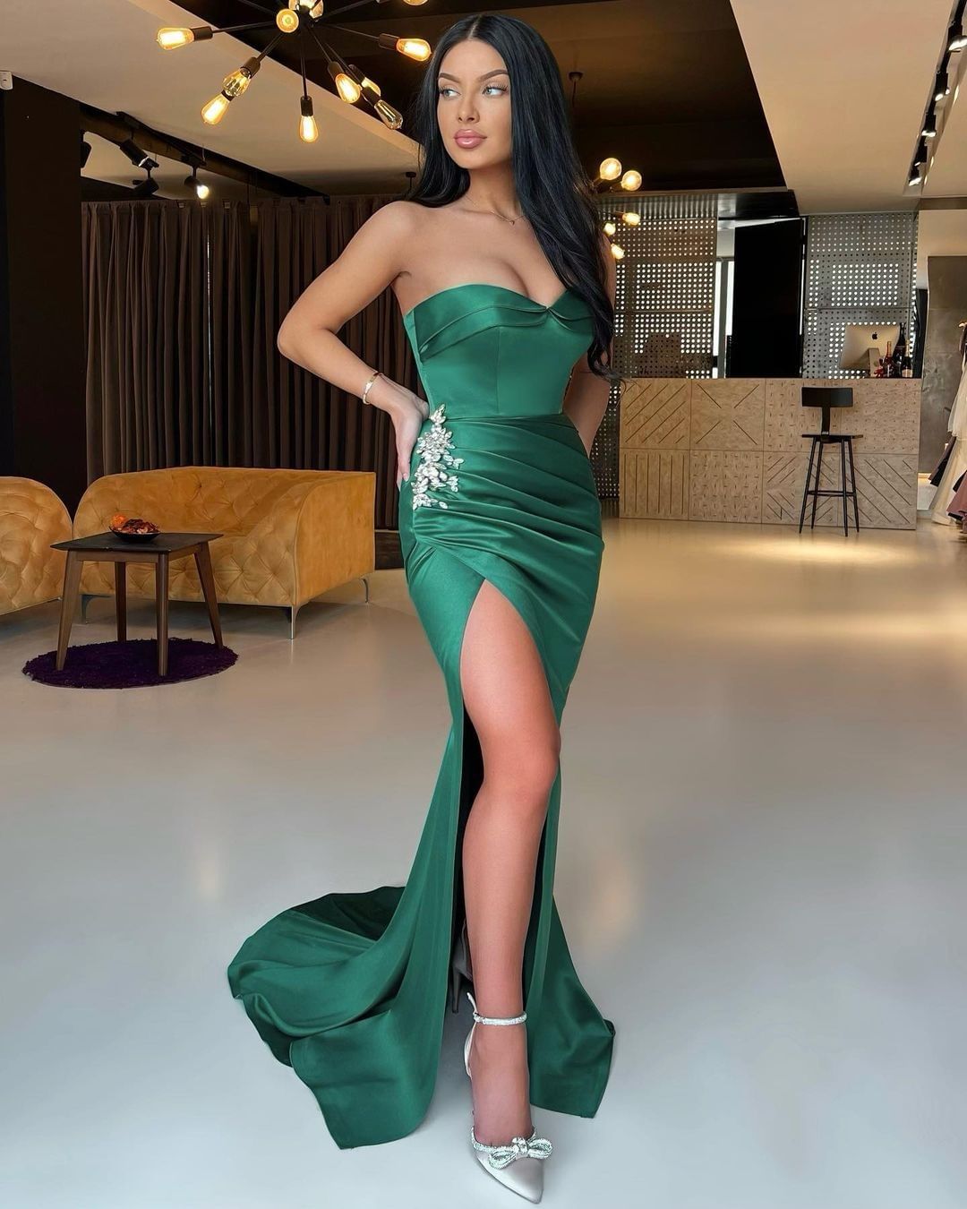 slim fit dress slacks Elegant Long Dark Green One Shoulder Long Sleeve Split Prom Dresses with Lace main image 1