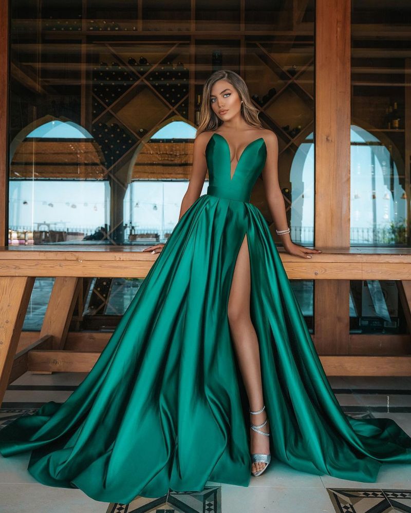 sachin and babi light blue dress Off Shoulder Emerald Green Long Prom Dress with Side Slit – 27dress main image 1