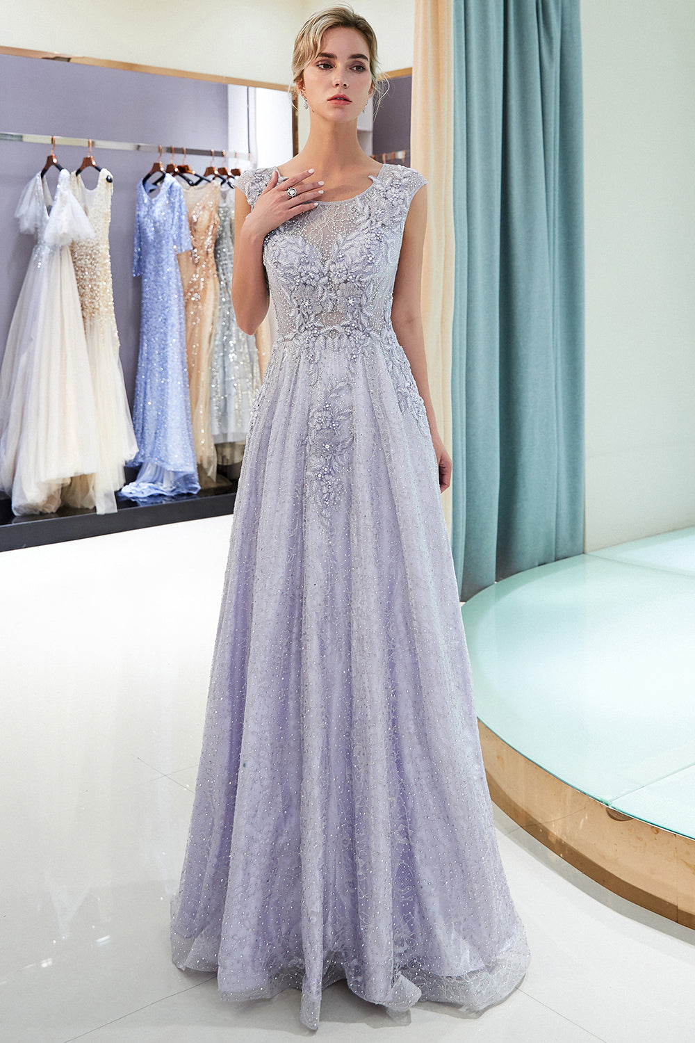 Excellent Long A-Line Jewel Tulle Lace Evening Dress