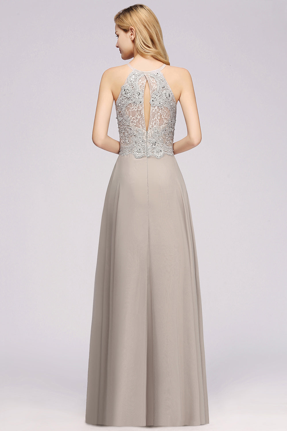 Exquisite Long A-line Lace Sleeveless Halter Bridesmaid Dress with Slit-BIZTUNNEL