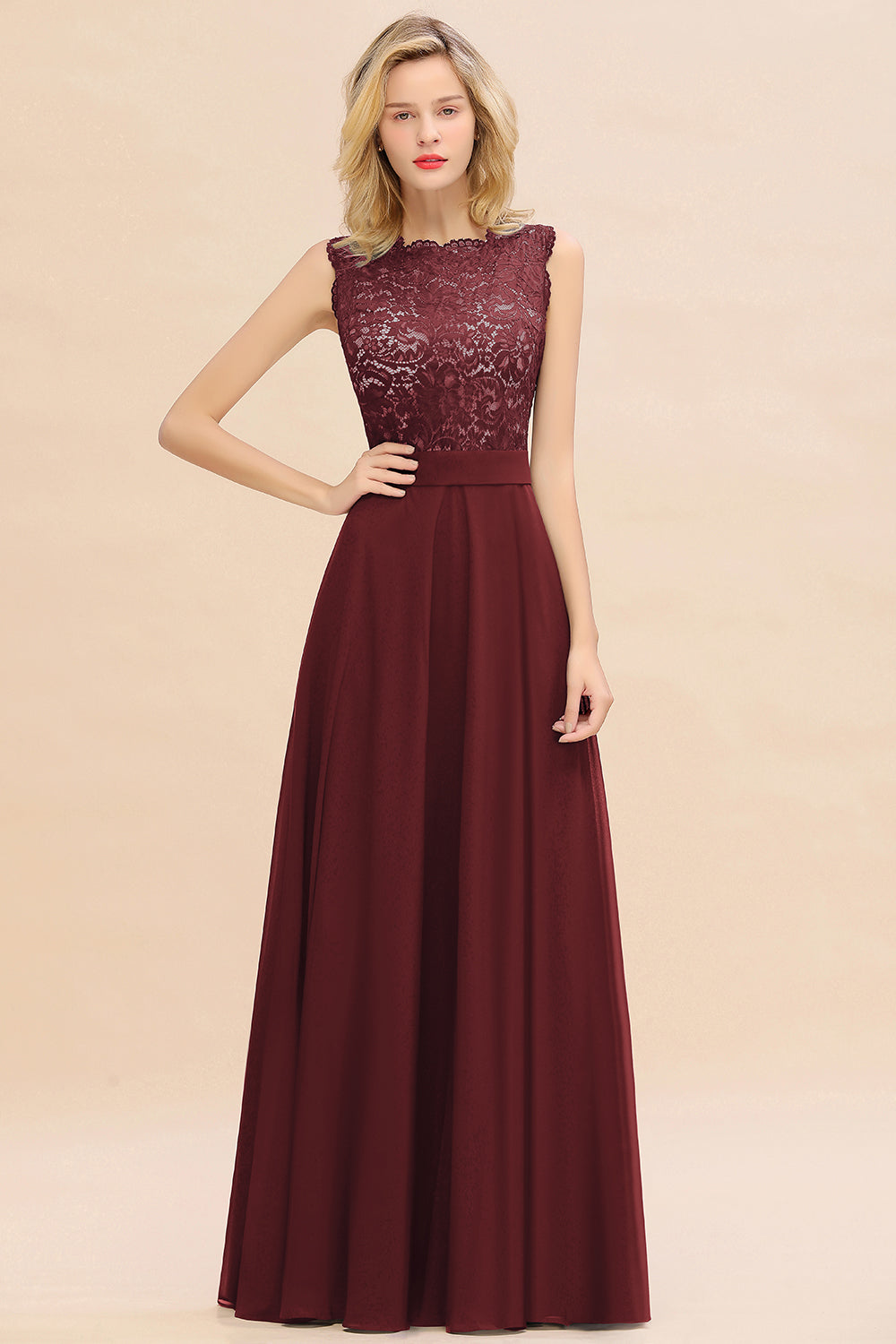 Exquisite Long A-Line Scoop Sleeveless Lace Chiffon Bridesmaid Dress