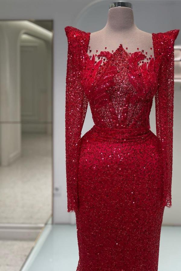 Exquisite Square Neck Long Sleeves Sequined Mermaid Prom Dresses