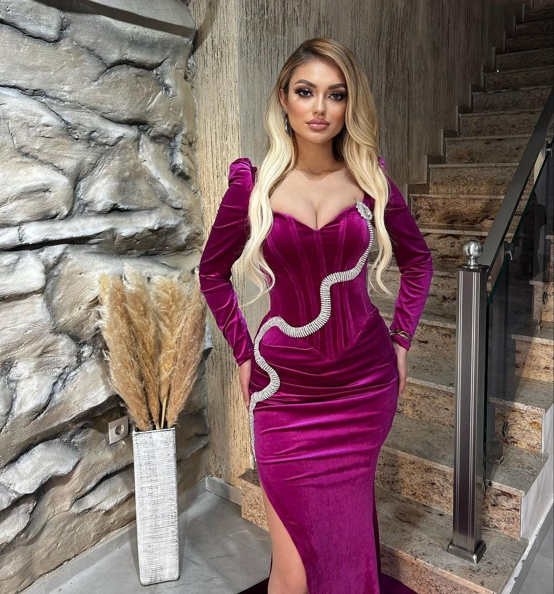 chinese dress ladies Long Sleeves Velvet Mermaid Evening prom Dresses Detachable Skirt cg21 –  classygown