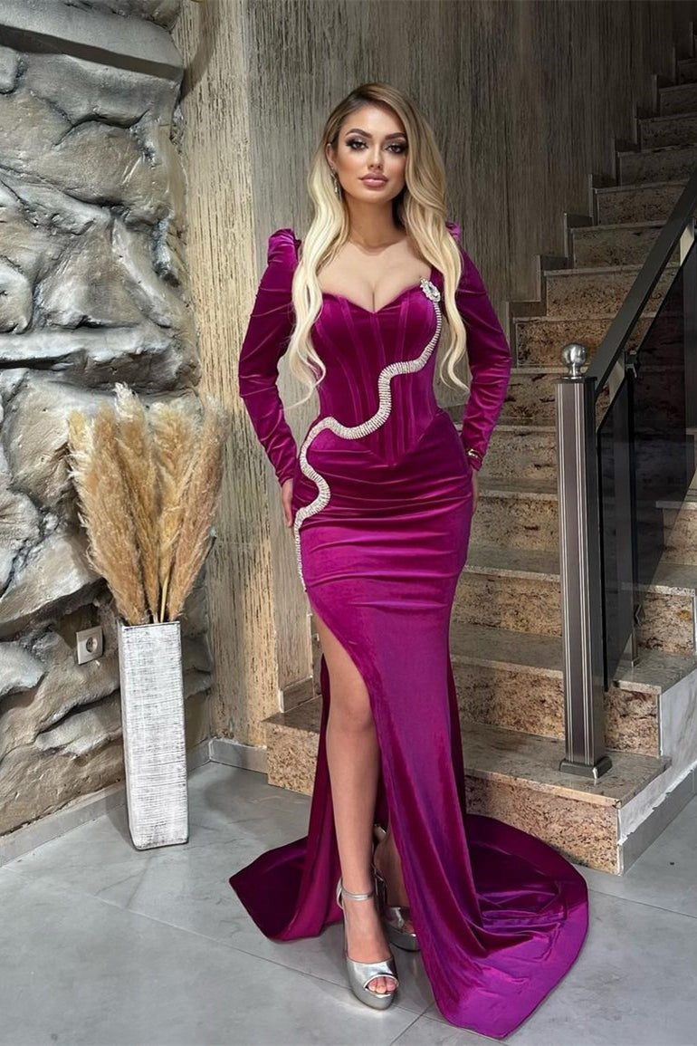 Fabulous Long Sleeves Mermaid Sweetheart Velvet Formal Prom Dresses with Slit Fabulous Long Sleeves Mermaid Sweetheart Velvet Formal Prom Dresses with Slit