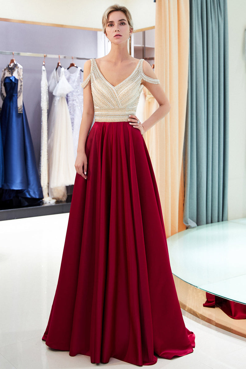 A-line V-neck Long Satin Dresses with Pockets Lilac main image 1