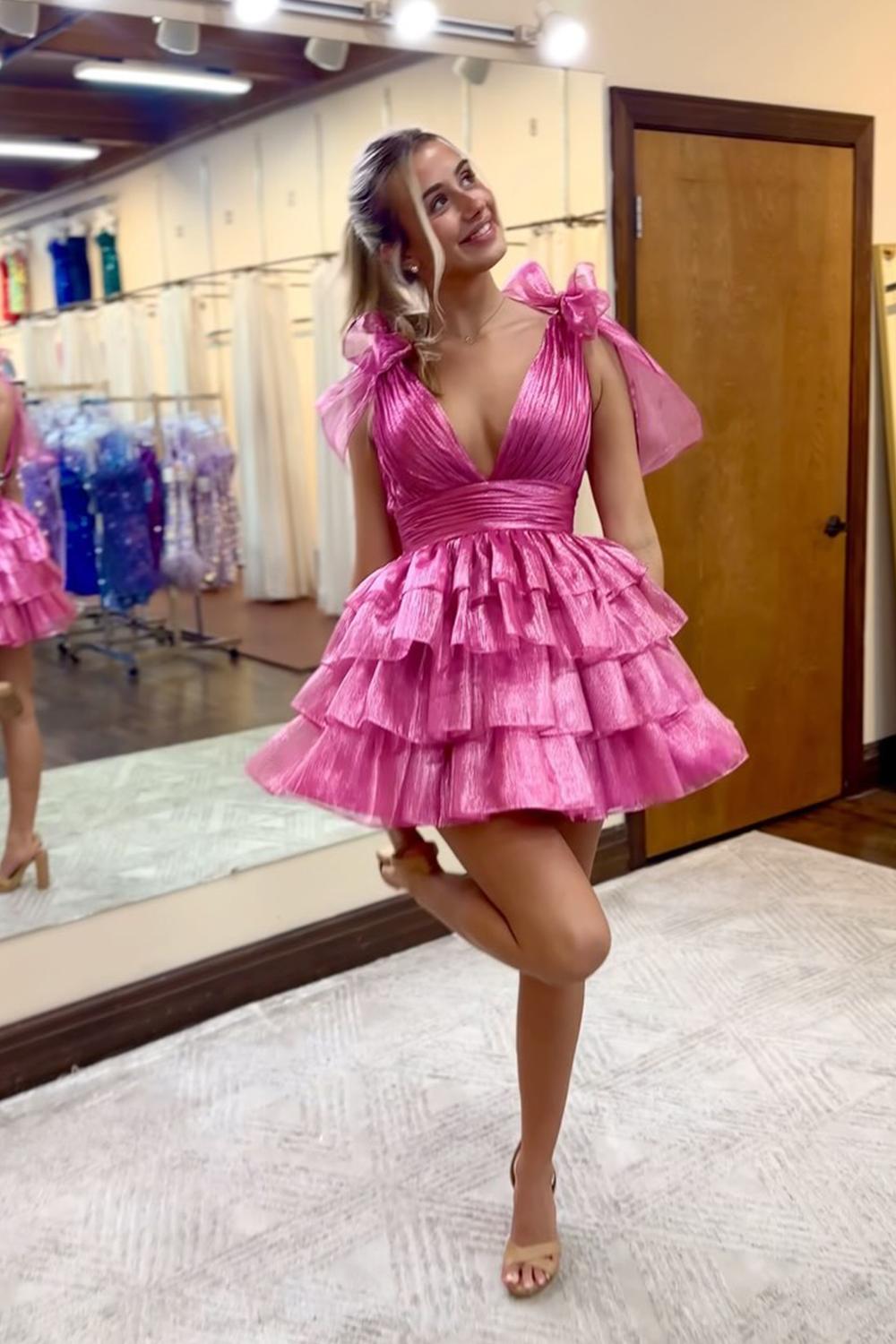 fuchsia homecoming dress Fuchsia A Line V Neck Ruffled Short Homecoming Dress – BIZTUNNEL