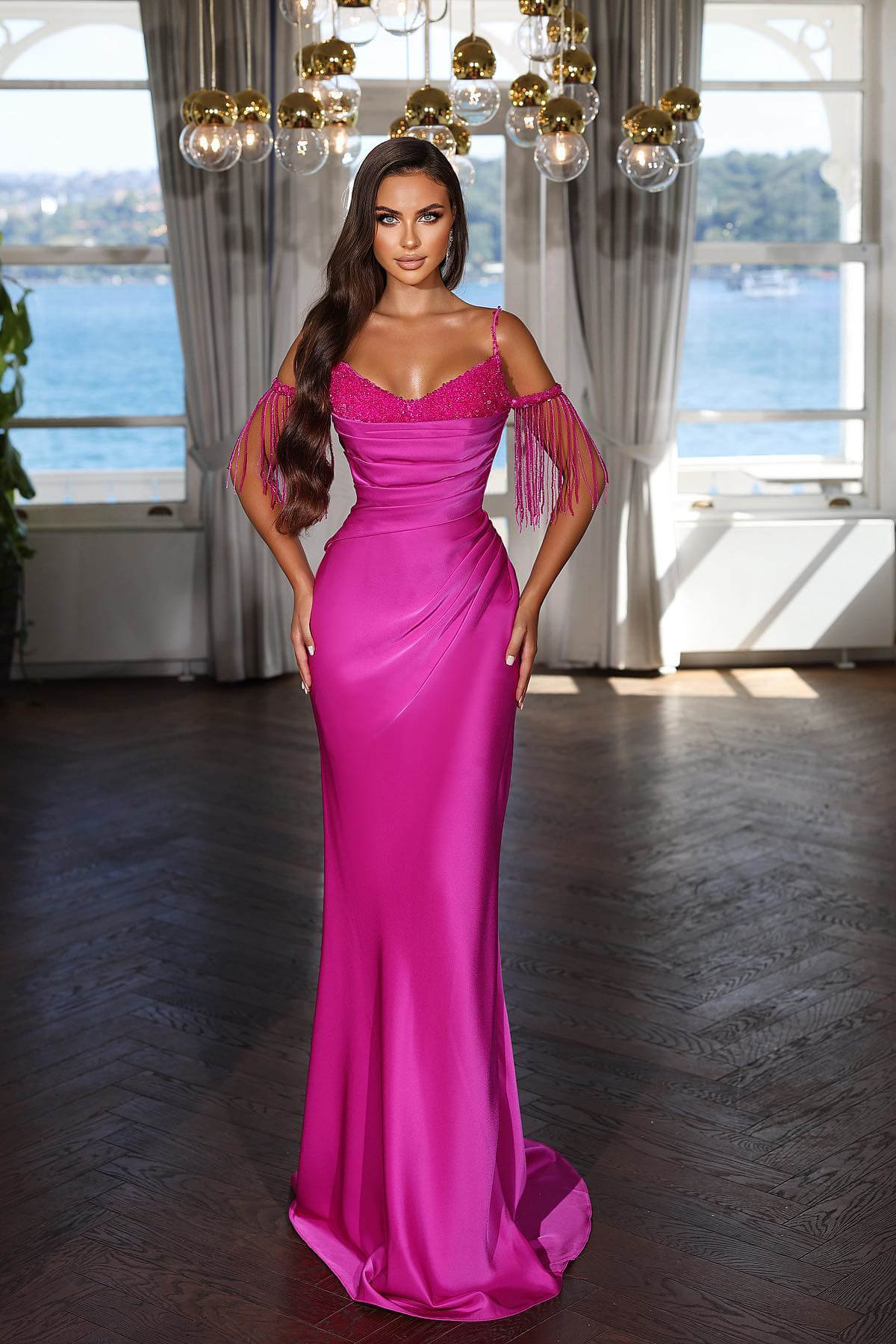 Fuchsia Evening Dress with Spaghetti Strap Pleated Tassel and Sequins Fuchsia Evening Dress with Spaghetti Strap Pleated Tassel and Sequins