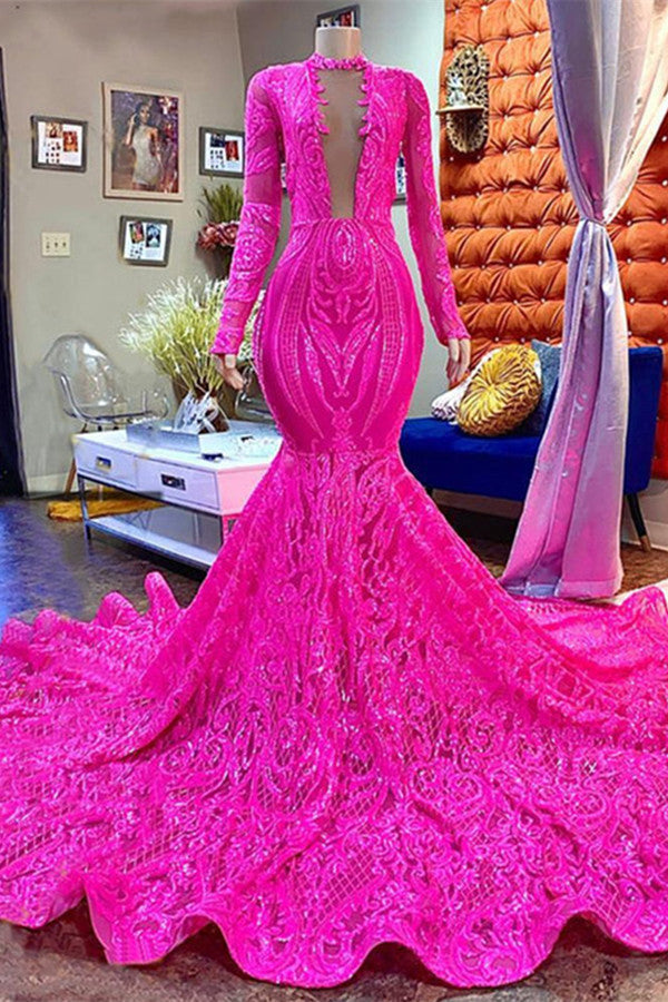 Fuchsia Long Mermaid Deep V-neck Sequined Prom Dress with Sleeves Fuchsia Long Mermaid Deep V-neck Sequined Prom Dress with Sleeves